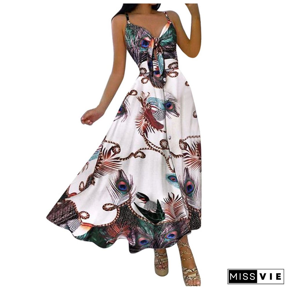 Women Fashion V-neck Tie Waist Floral Sling Dress