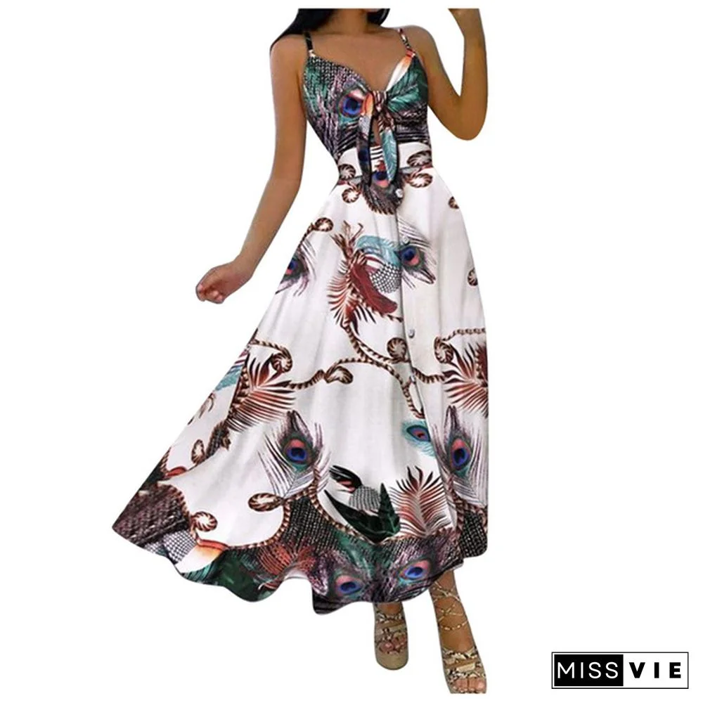 Women Fashion V-neck Tie Waist Floral Sling Dress