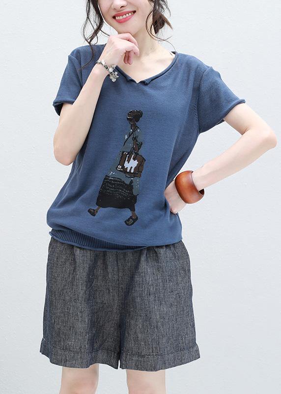 VCSHOES blue short sleeve cotton Blouse Cartoon print oversized summer shirts