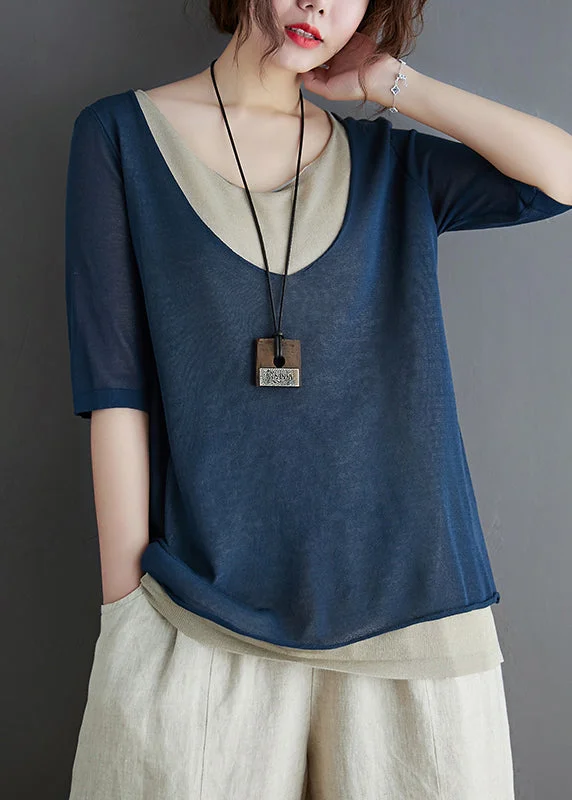 Stylish Navy Patchwork Knit Fake Two Piece Tops Summer