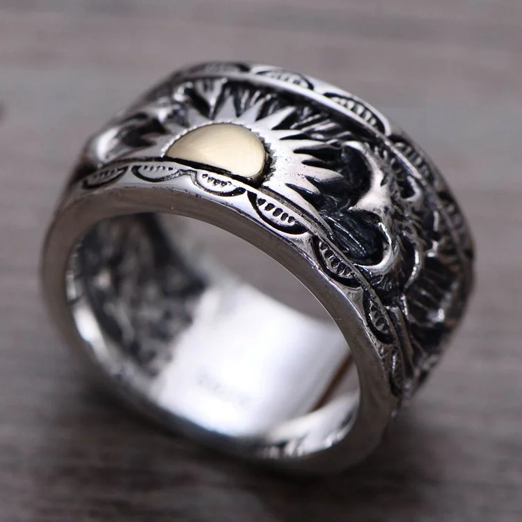 925 Silver male ring eagle wings sun totem ring