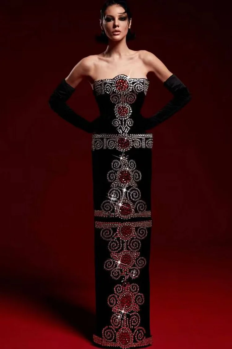 Strapless Ethnic Pattern Rhinestone Maxi Dress-Black