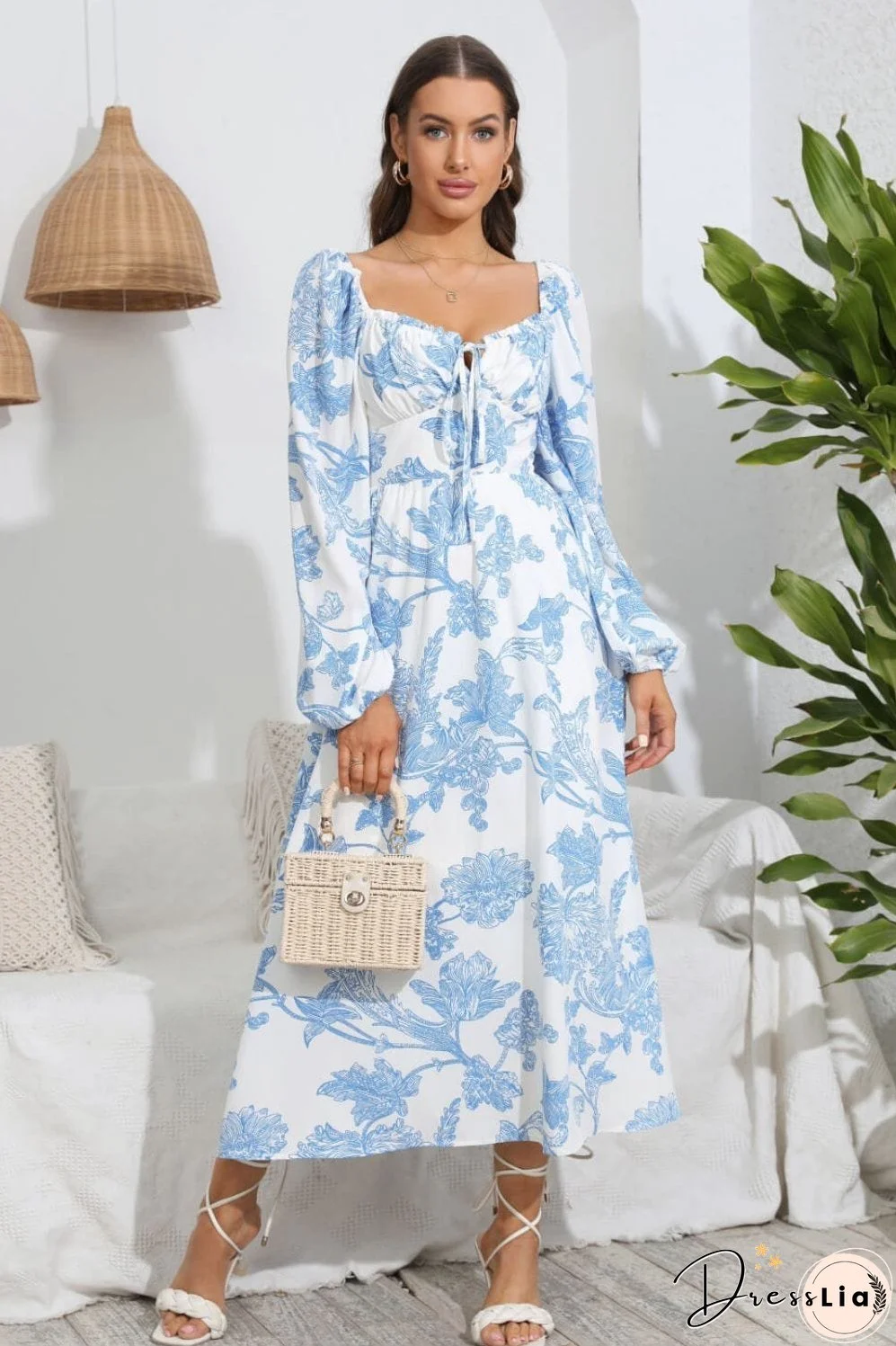 Floral Tie Front Sweetheart Neck Midi Dress