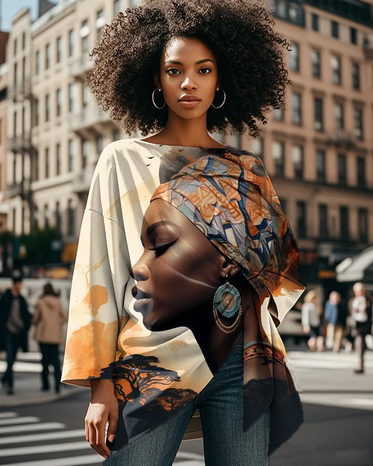 Black Girl Oil Painting Personality Print Lace-up Long Sleeve Top