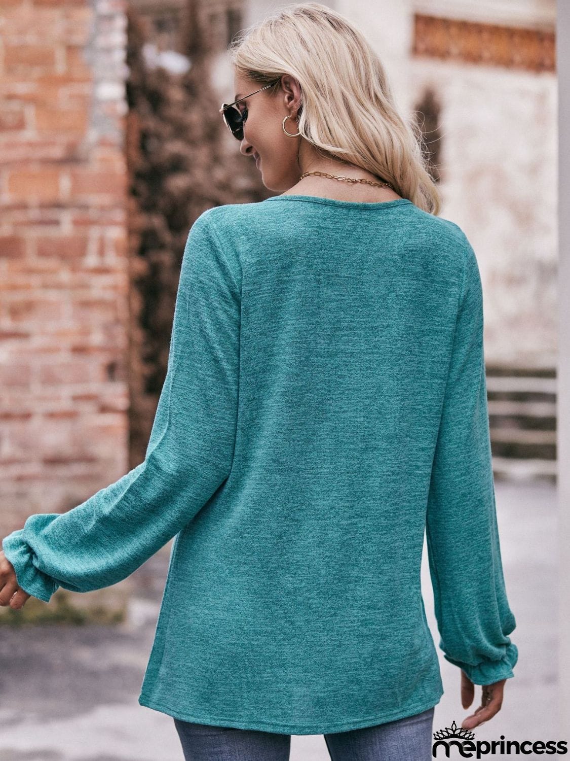 Long Flounce Sleeve Round Neck Blouse