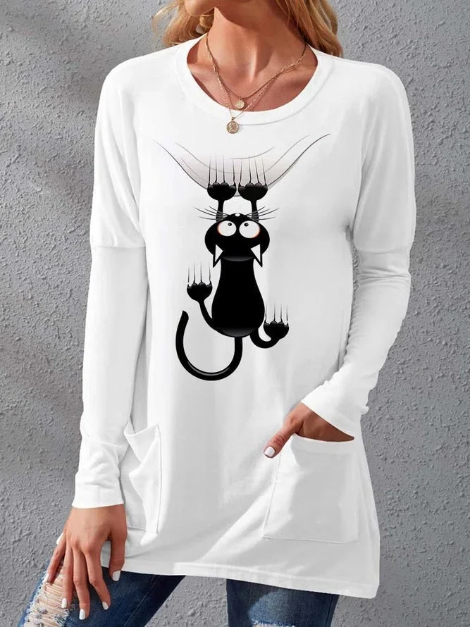Women'S T-Shirts Cat Print Crew Neck Pocket Long Sleeve T-Shirts