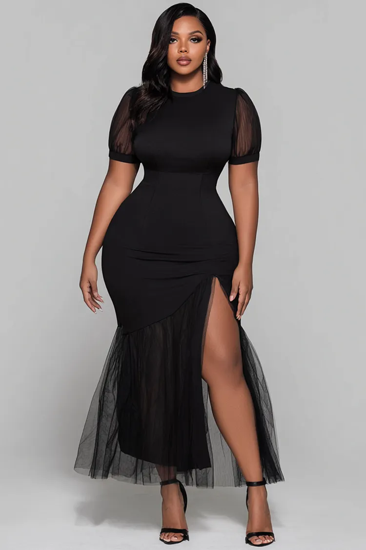 Xpluswear Design Plus Size Party Black Round Neck Split Contrast Maxi Dresses [Pre-Order] 2024 - Xpluswear