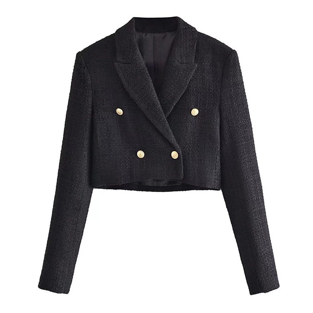 TRAF Women Fashion Tweed Cropped Blazer Coat Vintage Long Sleeve Front Buttons Female Outerwear Chic Veste Femme