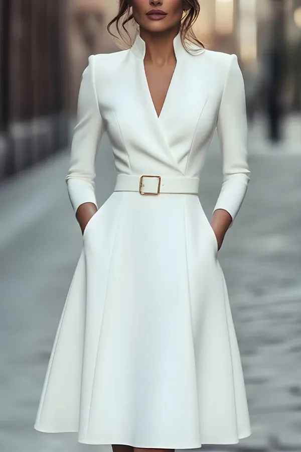 Solid Color V-neck Fitted Waist Long Sleeve Elegant Midi Dress