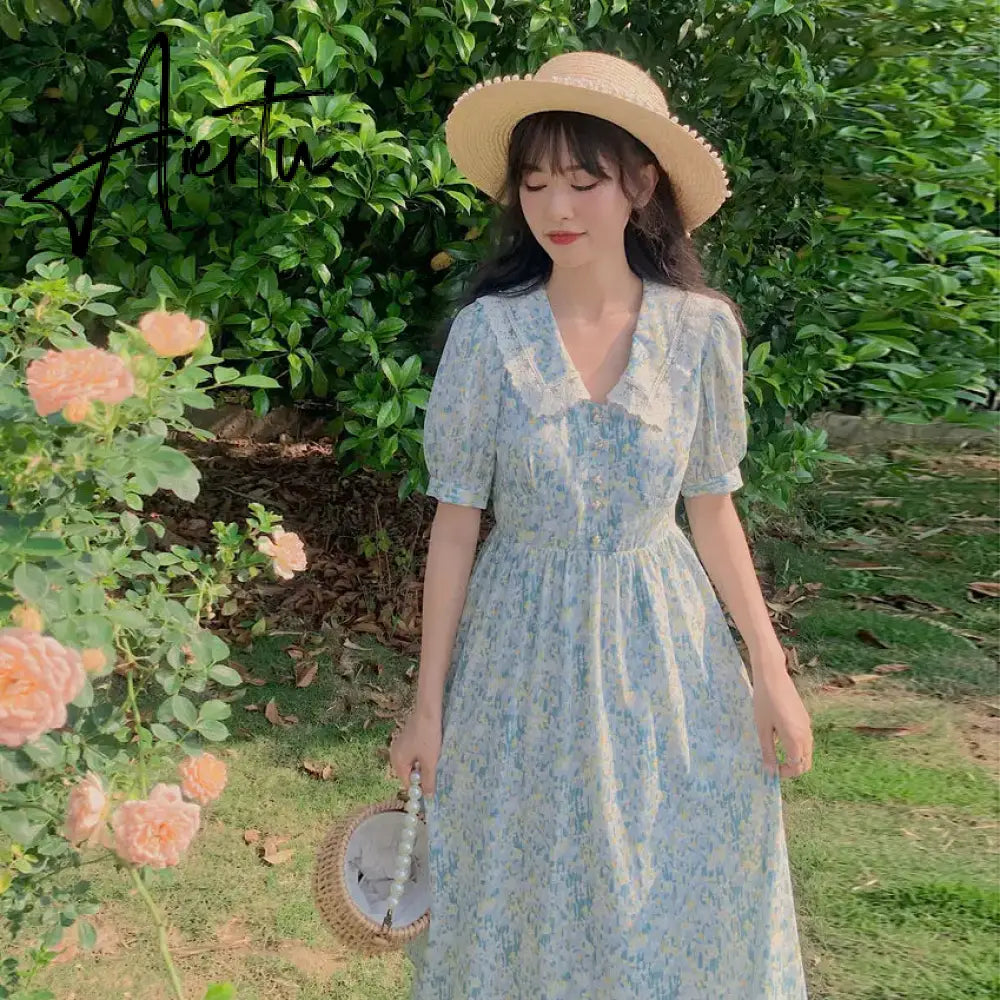 Aiertu Summer Vintage Floral Dress Women Korean Elegant Sweet Cute Print Midi Dresses V-neck Lace French Holiday Cottagecore Dress Aiertu