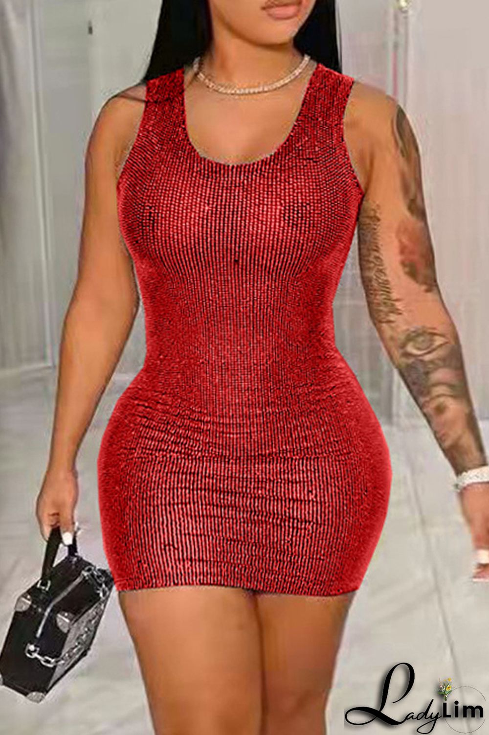 Blue Fashion Sexy Solid Sequins Patchwork O Neck Vest Dress