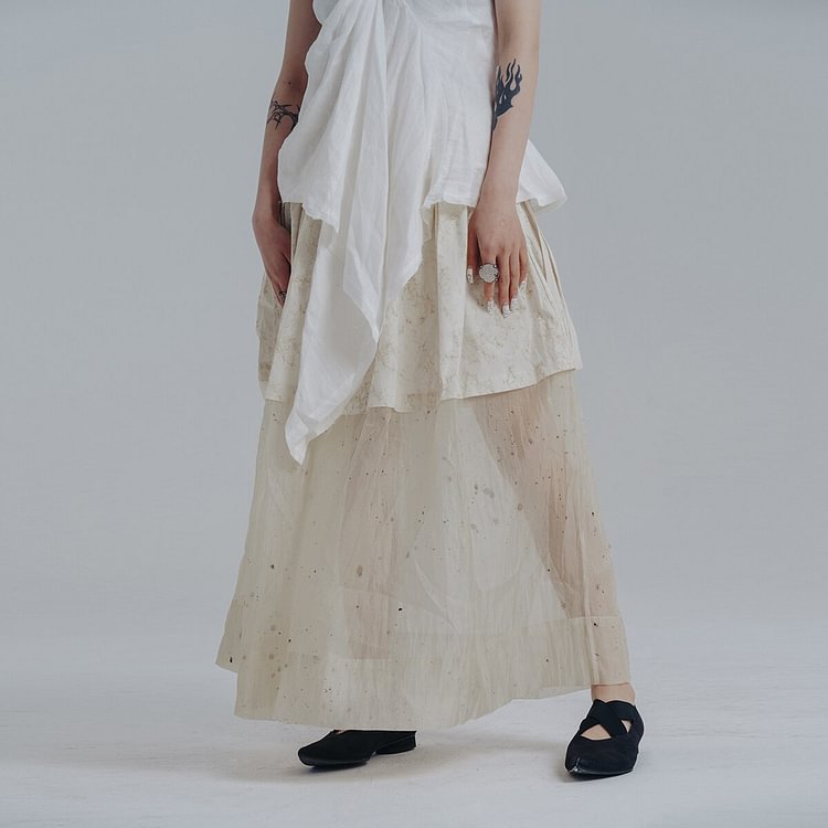 Elegant Marbling Printed Perspective Mesh Patchwork Folds Skirt 