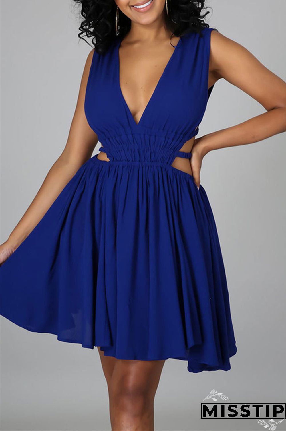 Blue Sexy Casual Solid Hollowed Out Backless V Neck Sleeveless Dress