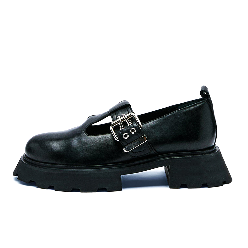 Black Vegan Leather Lug Sole Loafers Hollow Out Chunky Round Toe Loafers Nicepairs