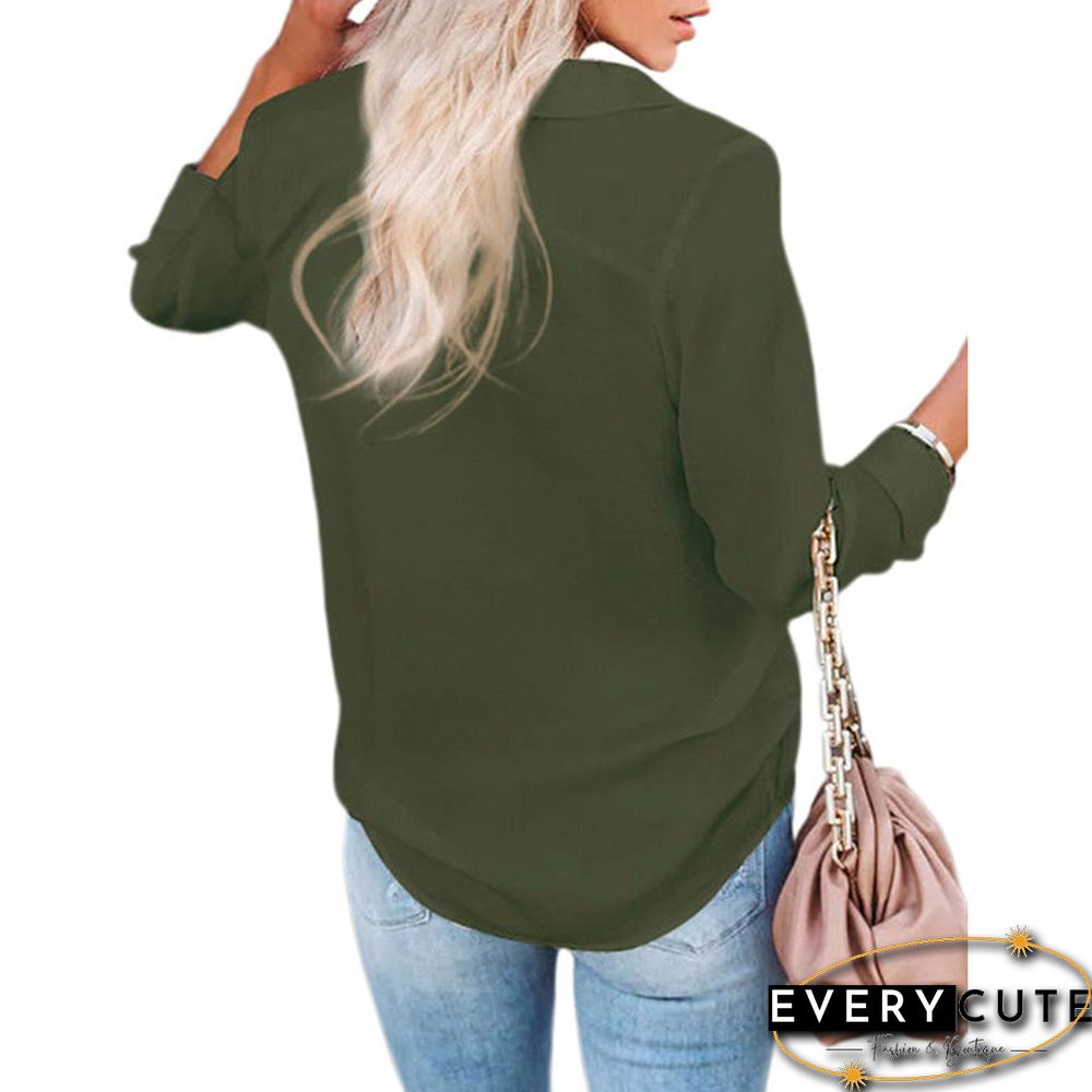 Army Green Button V Neck Long Sleeve Shirt