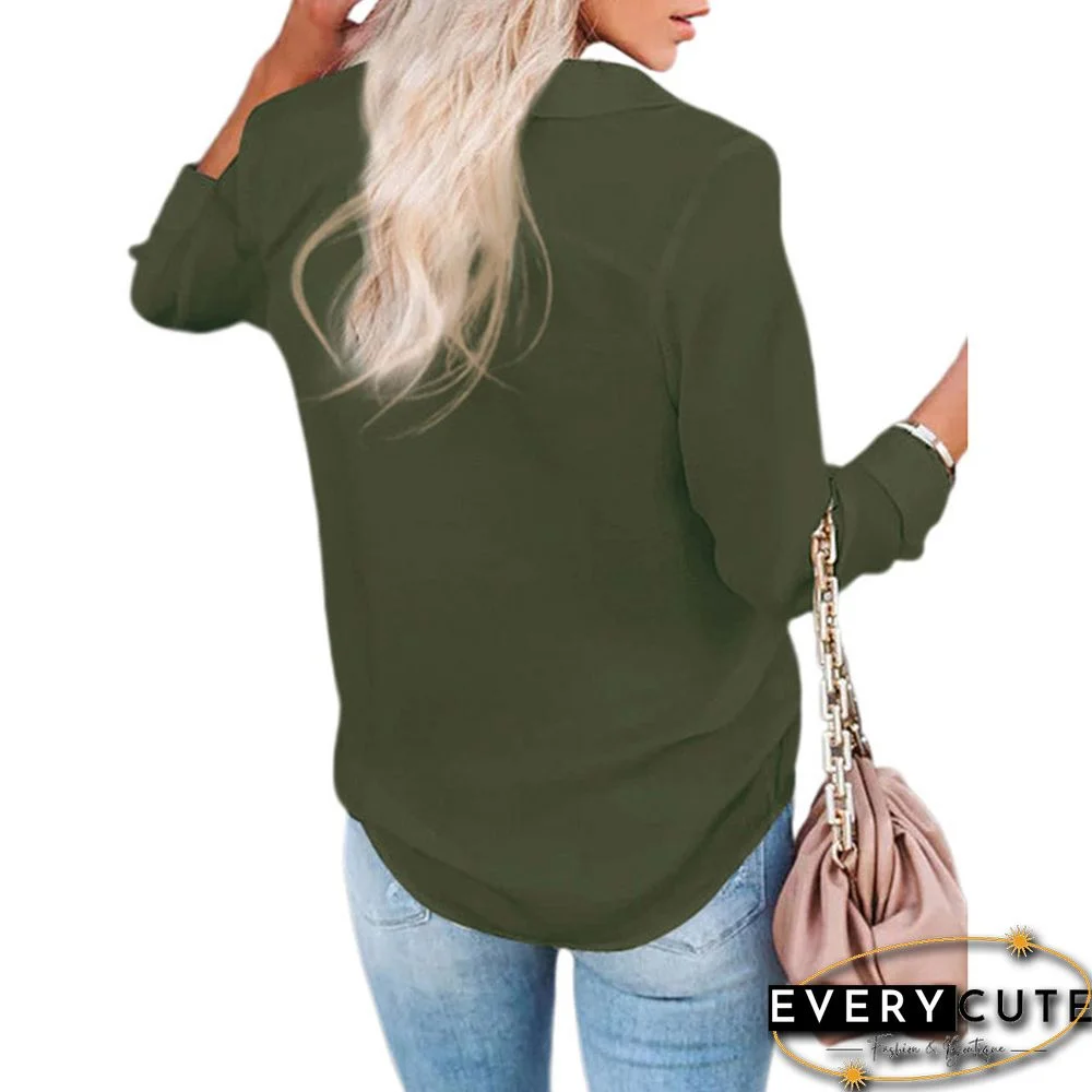 Army Green Button V Neck Long Sleeve Shirt