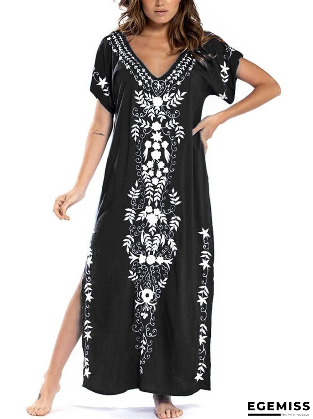 Beach Smock Print Beach Dress Black Dresses | EGEMISS