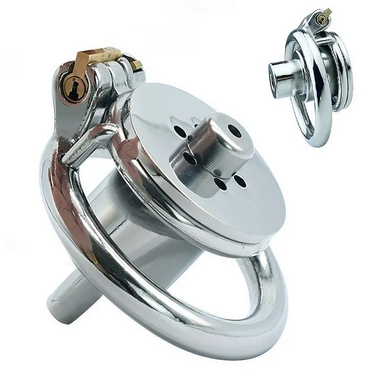 Steel Flat Chastity Cage With Urethral Tube For Sissy Training