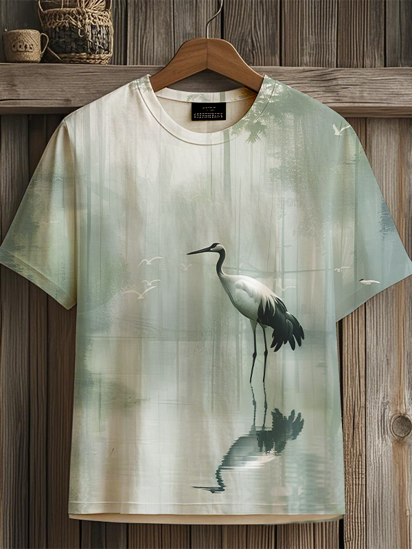 Men's Crane Natural Landscape Japanese Art Print Casual T-Shirt
