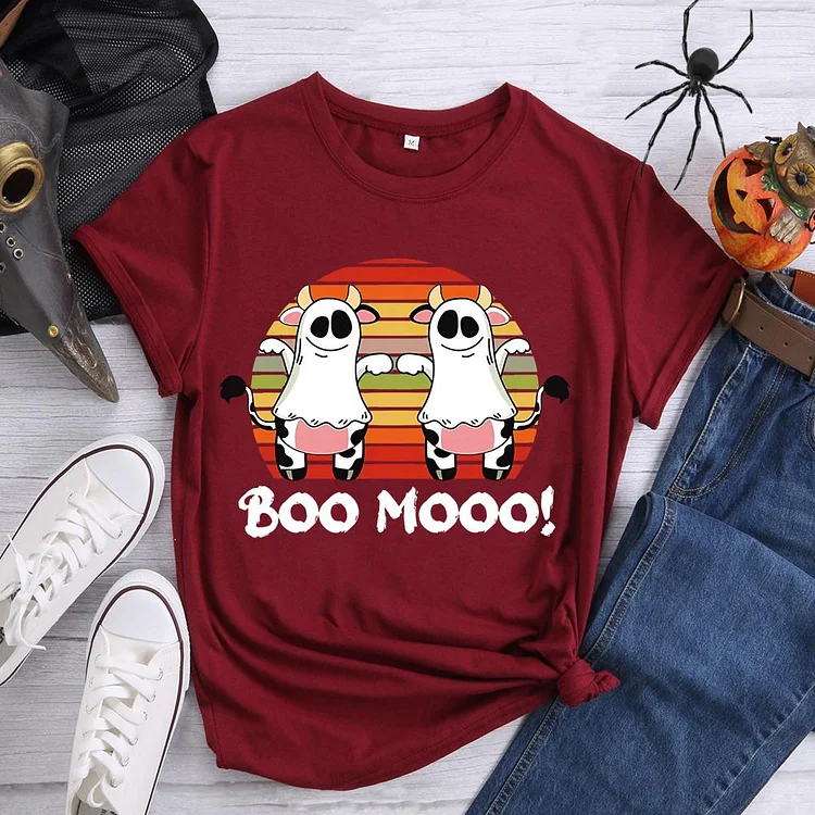 Boo Mooo Halloween Round Neck T-shirt-0019070