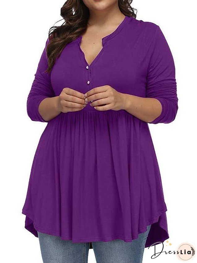 T shirt Tee Light Blue claret Deep Purple Plain Button Flowing tunic Long Sleeve Daily Weekend Basic V Neck Long Plus Size L for Women