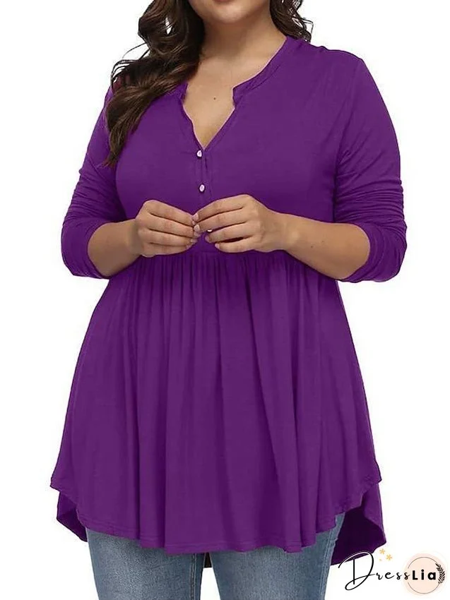 T shirt Tee Light Blue claret Deep Purple Plain Button Flowing tunic Long Sleeve Daily Weekend Basic V Neck Long Plus Size L for Women