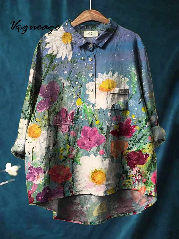 Charming And Elegant Comfortable Flowers Print Cotton And Linen Shirt
