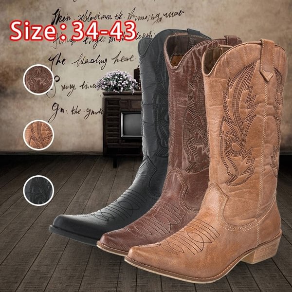 Women's Fashion Western Cowgirl Boots Vintage Motorcycle Riding Boots Thick High Heel Leather Boots Plus Size 35-43 - Life is Beautiful for You - SheChoic