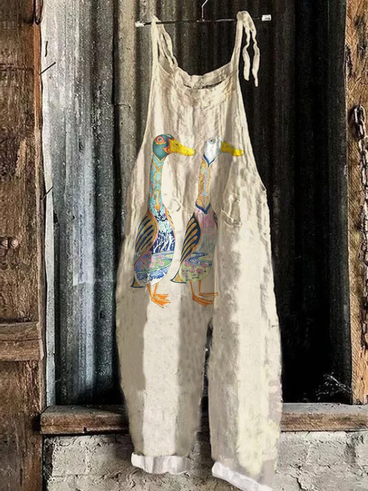 Duck Watercolor Print Linen Blend Jumpsuit