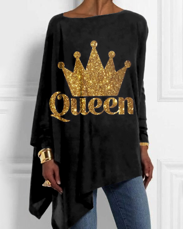 Golden Crown Print Off-shoulder Irregular Top