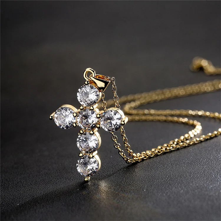 Iced Out Cross Pendant Cubic Zirconia Gold Necklace Jewelry-VESSFUL