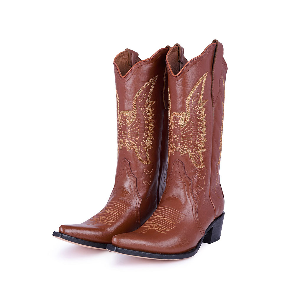 Embroidered Bird Mid-Calf Snip Toe Brown Cowgirl Boots for Women Nicepairs
