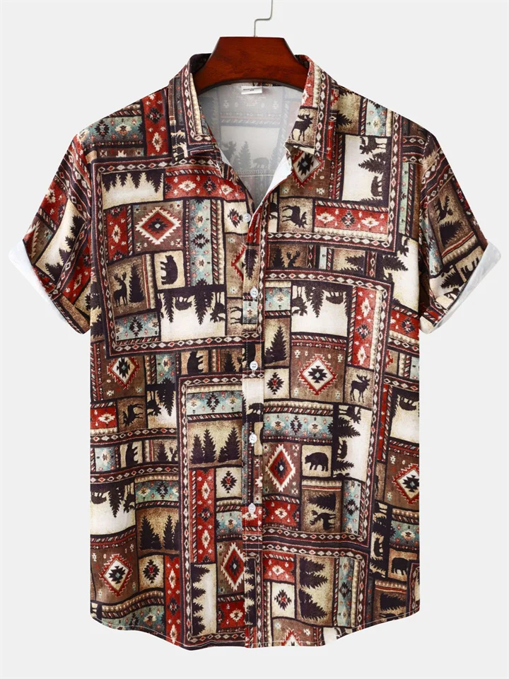 New Men's Casual Floral Print Fashion Urban Lapel Short-sleeved Loose Type Beach Vacation Cardigan Shirt Man