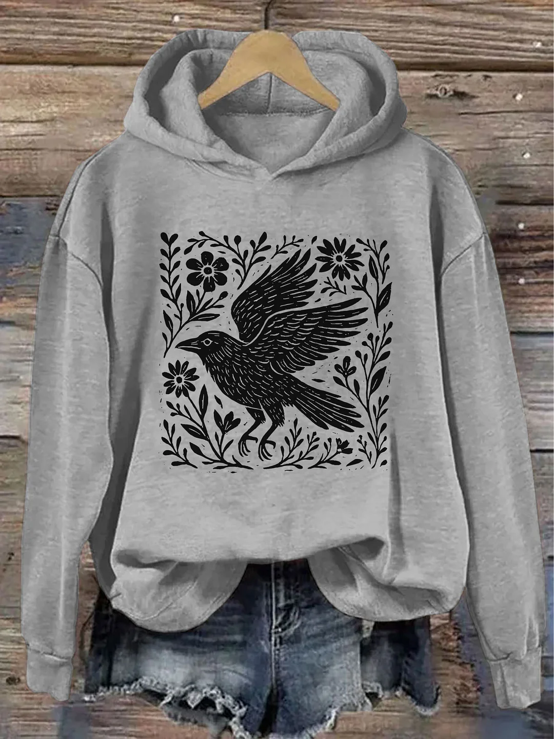 Folklore Forest Crow Lino Print Hoodie
