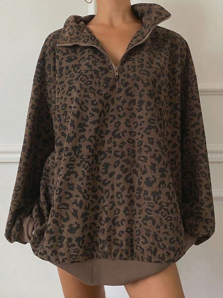 Women Casual Zip Up Front Long Sleeve Leopard Print Sweatshirt,Fall Clothes