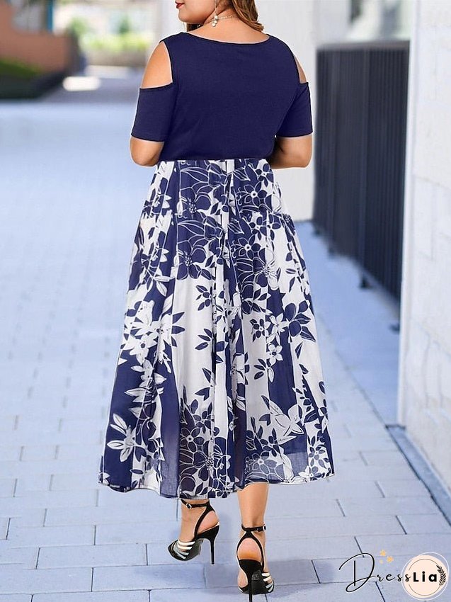 Plus Size Casual Dress Skater Line Floral Long Maxi Short Sleeve Hollow Out Print Crew