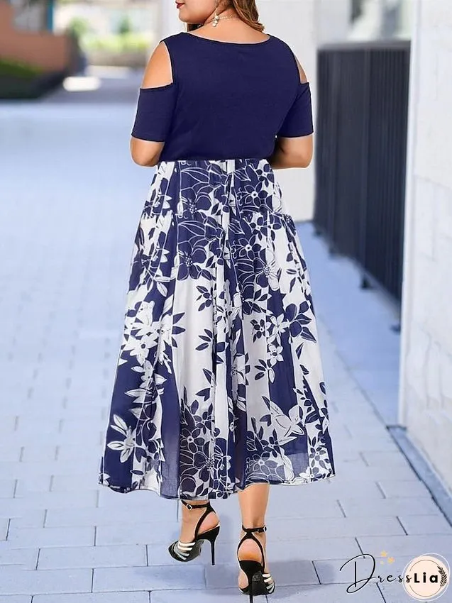 Plus Size Casual Dress Skater Line Floral Long Maxi Short Sleeve Hollow Out Print Crew