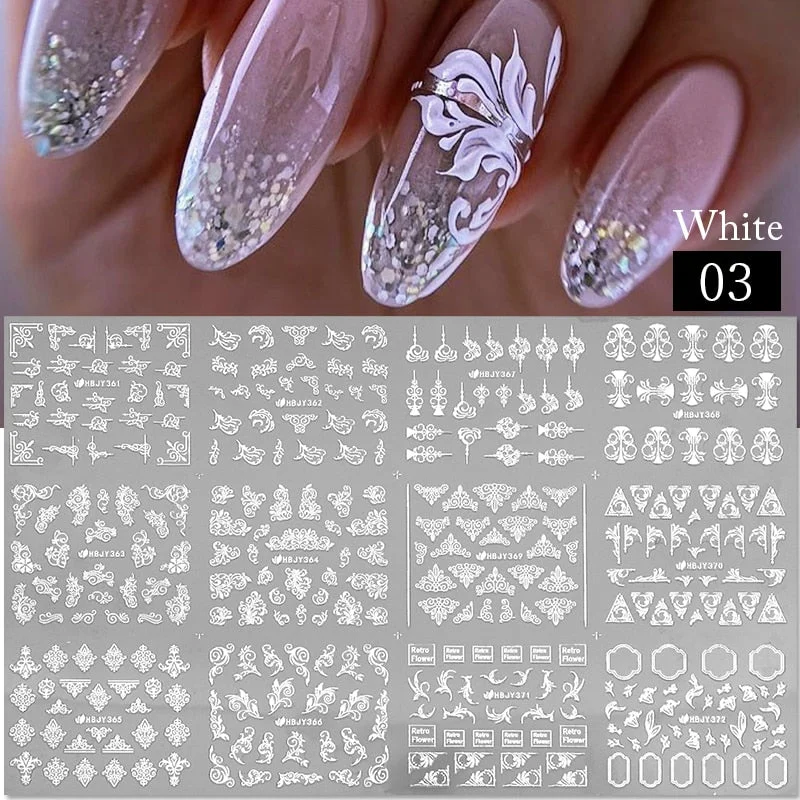 12pcs Flower Leaf Lace 3D Stickers for Nail Decals Mandala Flowers White Black Slider Manicure DIY Nail Art Decoration Tools-Nail Inspo