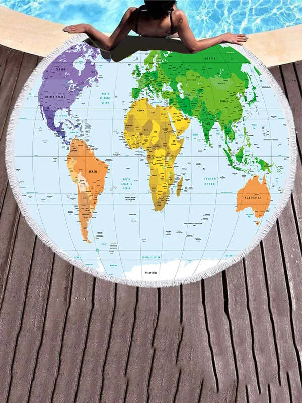 Map Earth Microfiber Printing Round Shape Tasseled Beanch Mat