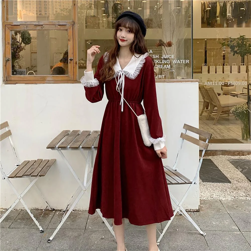 2023 Hepburn Women Dress Autumn Bowknot Sweet Lace Trim Lapel Long Sleeve Christmas Dress 	A-line Waist Tight Pleated Midi Dress