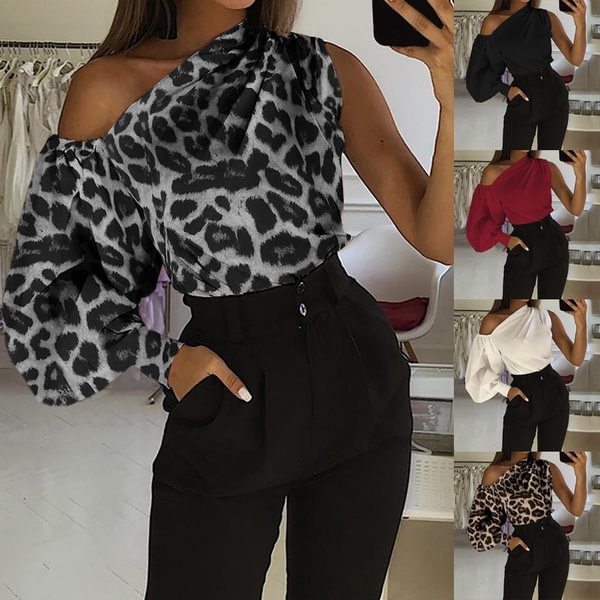 Women One Off Shoulder Blouse Lantern Long Sleeve Crop Tops Leopard Print Club Party Sexy Casual T Shirt Plus Size Streetwear - BlackFridayBuys