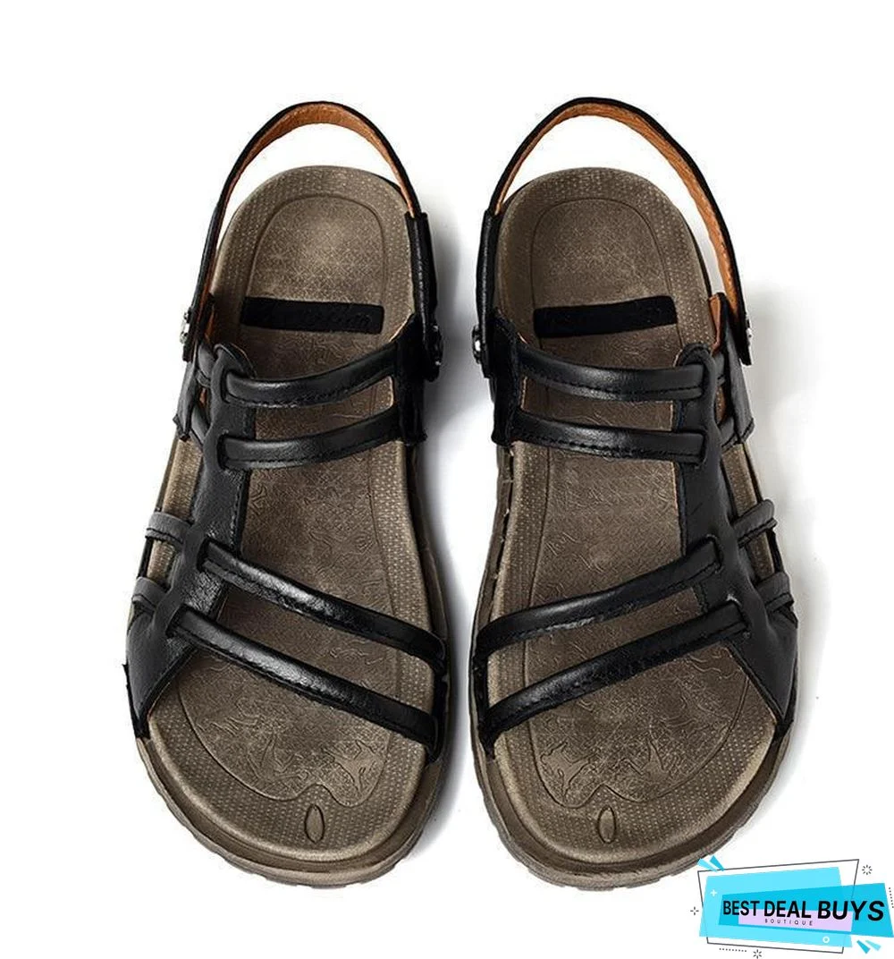 Men's Retro Genuine Leather Sandals Beach Non-Slip Slippers Shoes