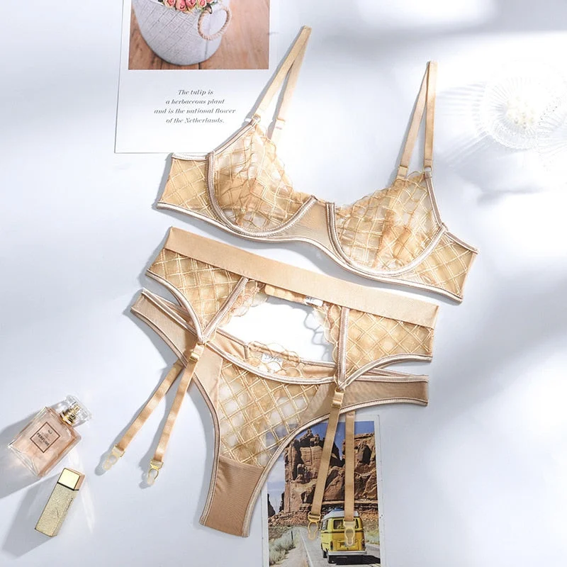 Yimunancy 3-piece Lace Bra Set Women Plaid Bra Underwire + Panty Sexy Underwear Set Khaki Ladies Sexy Lingerie Set