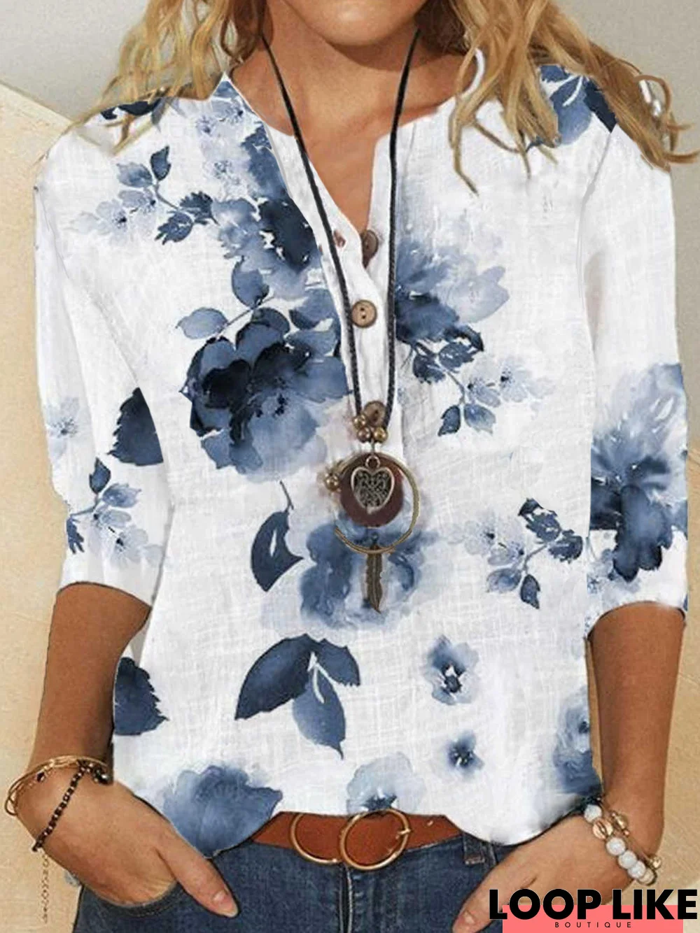 Henley Casual Half Sleeve Floral Blouse