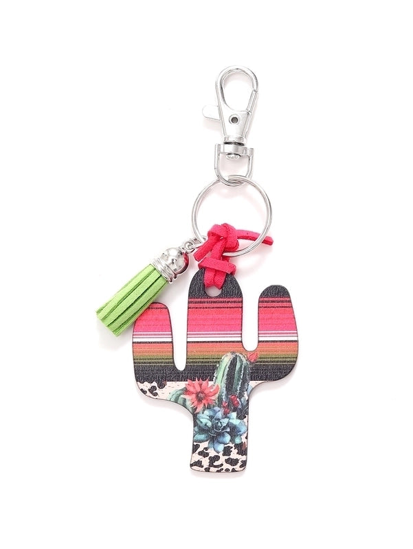Classic Style Commute Cactus Printing Wood Bag Pendant Keychain