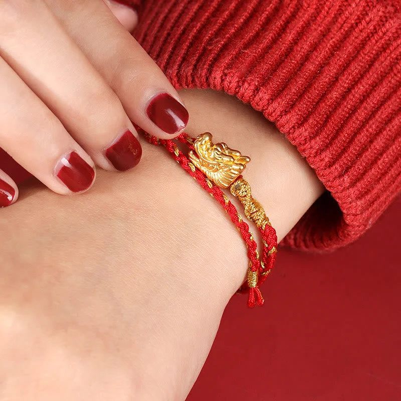 999 Sterling Silver Dragon Luck Red String Braided Bracelet