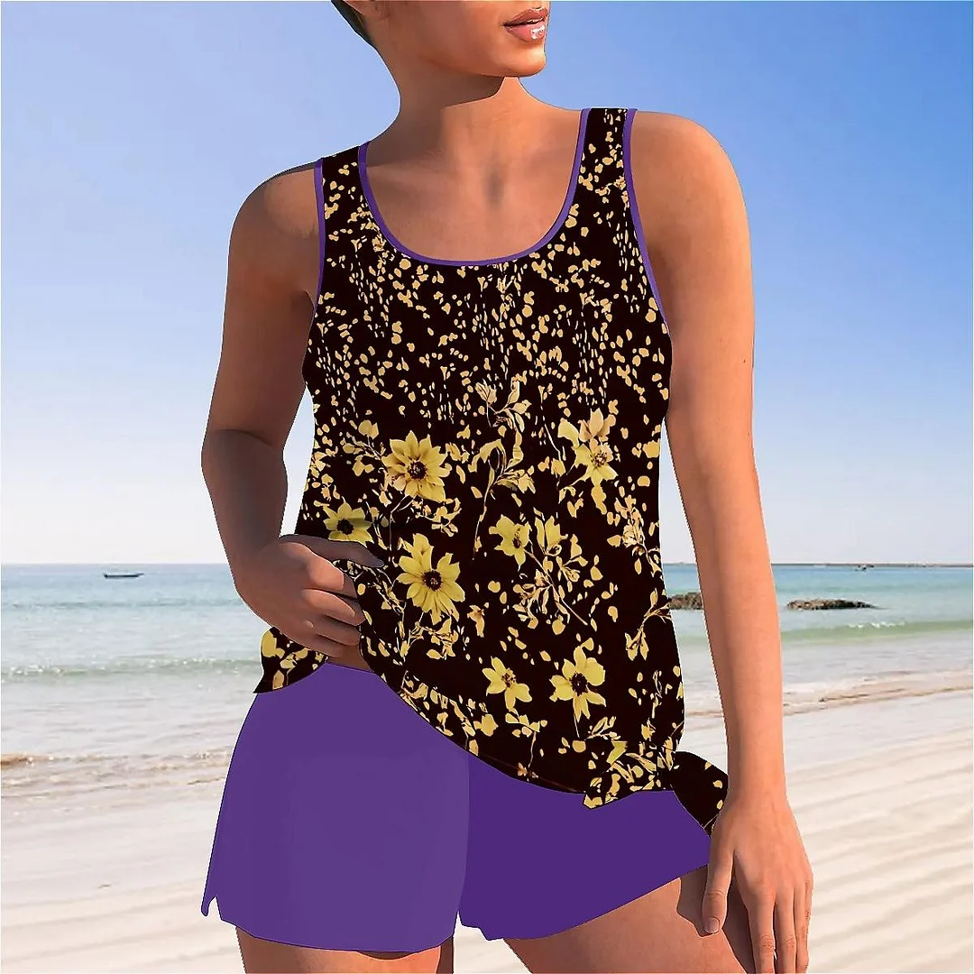 Bowknot Black,Khaki,Floral Mid Waisted Tankini Set - Plus Size Available