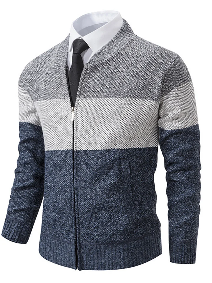 New Autumn and Winter Padded and Thickened Large Size Sweater Jacket Stand-up Collar Colorblocking Cardigan Men's Clothing | 168DEAL