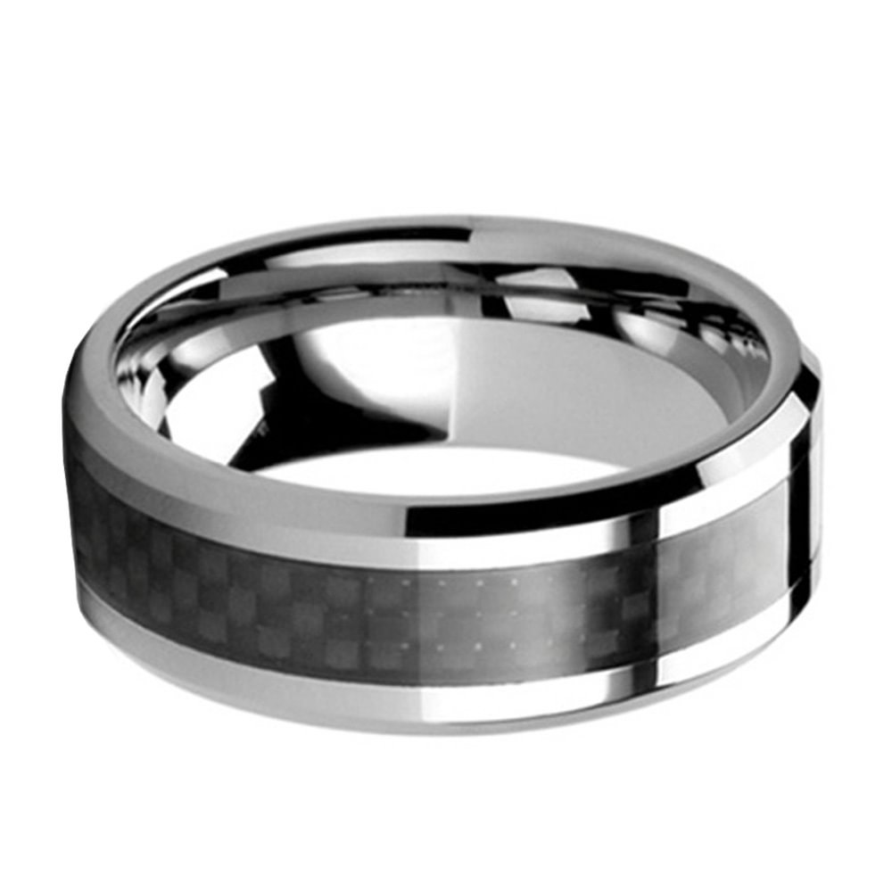 8MM Mens Tungsten Ring Black Carbon Fiber Inlay Silver Beveled Edge