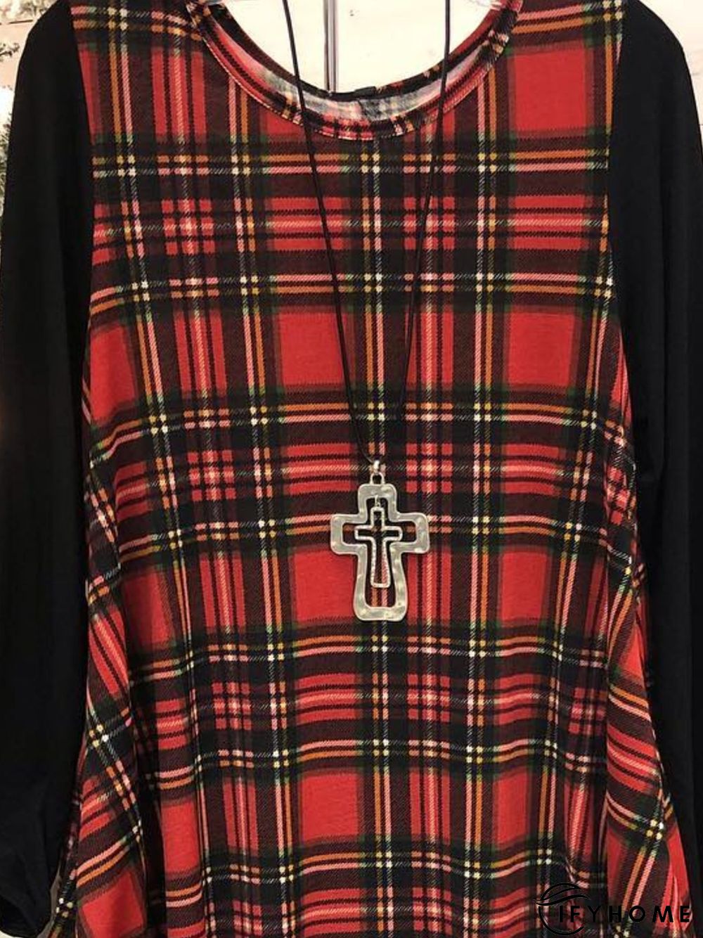 Crew Neck Casual Cotton-Blend Checkered/plaid Knitting Dress | IFYHOME